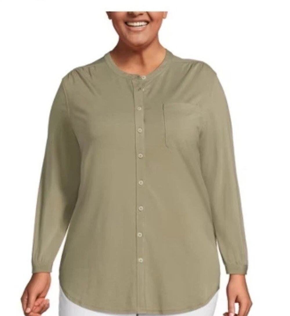 Lands' End Plus Size Jersey A-Line Tunic Olive 2X Long Sleeve NEW button front